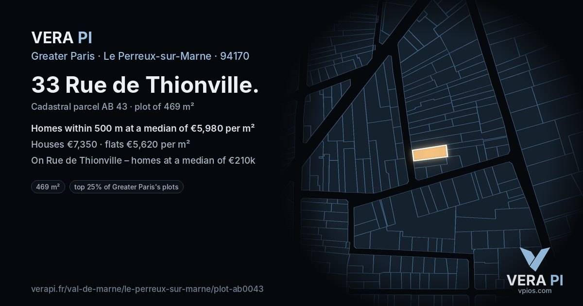 33 Rue de Thionville, Le Perreux-sur-Marne at night – the plot lit, the parcels around coloured by the prices near them
