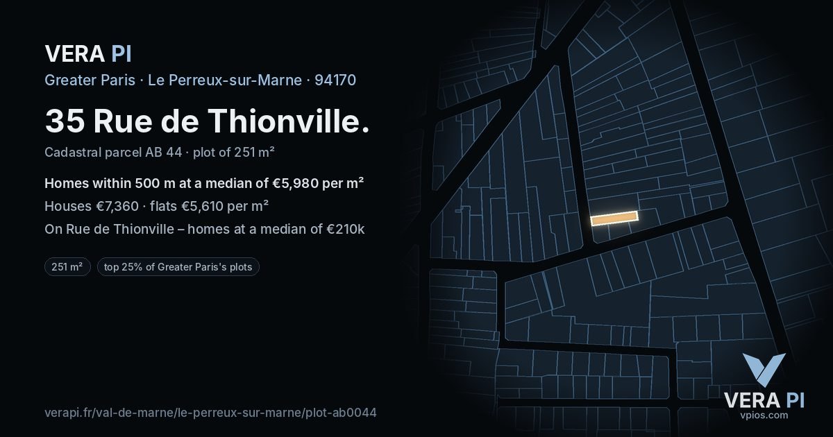 35 Rue de Thionville, Le Perreux-sur-Marne at night – the plot lit, the parcels around coloured by the prices near them