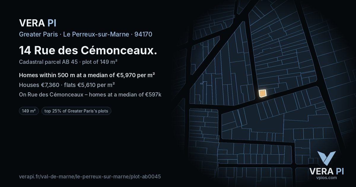 14 Rue des Cémonceaux, Le Perreux-sur-Marne at night – the plot lit, the parcels around coloured by the prices near them