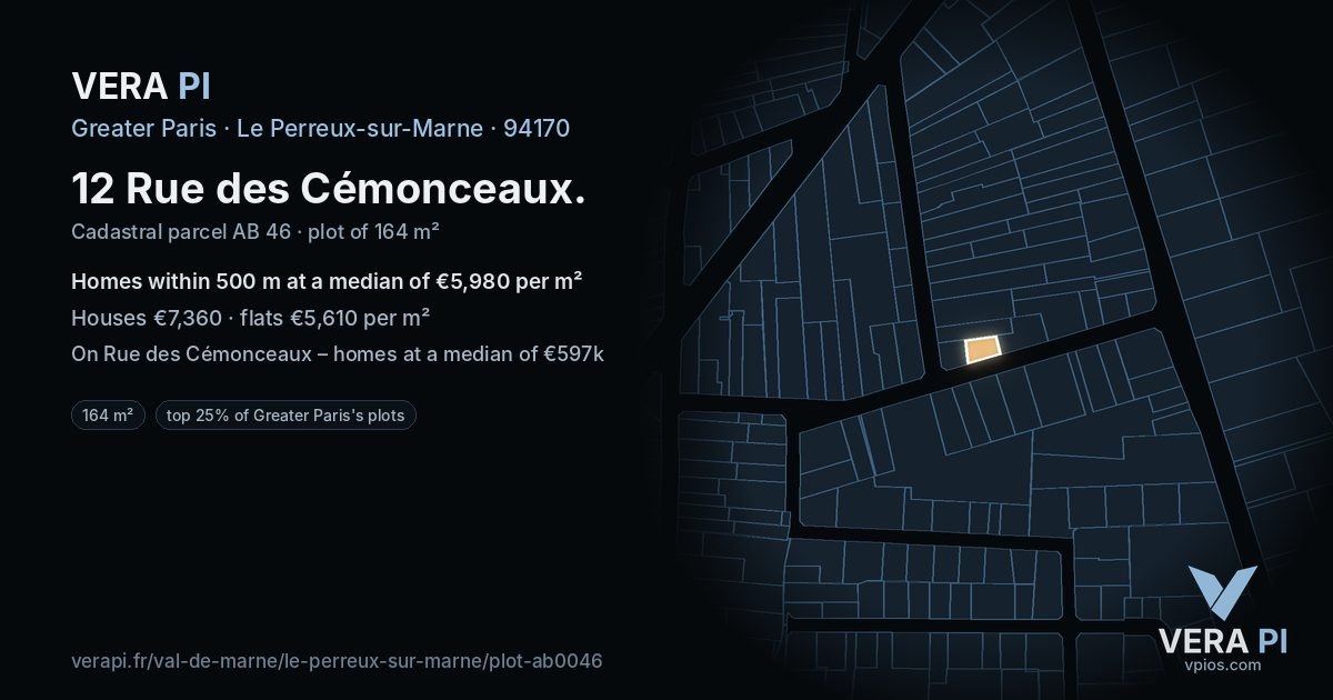 12 Rue des Cémonceaux, Le Perreux-sur-Marne at night – the plot lit, the parcels around coloured by the prices near them