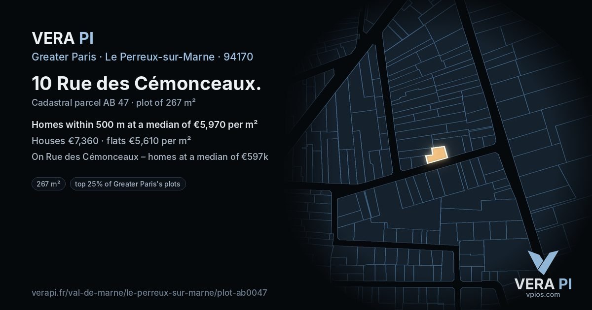 10 Rue des Cémonceaux, Le Perreux-sur-Marne at night – the plot lit, the parcels around coloured by the prices near them