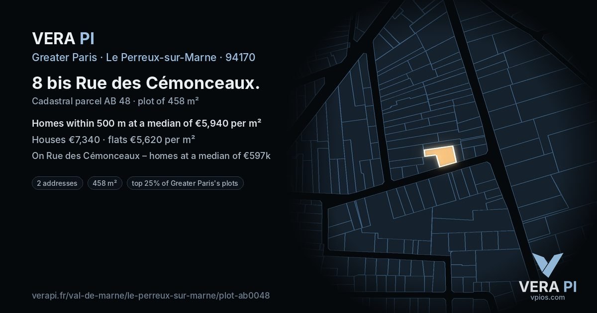 8 bis Rue des Cémonceaux, Le Perreux-sur-Marne at night – the plot lit, the parcels around coloured by the prices near them