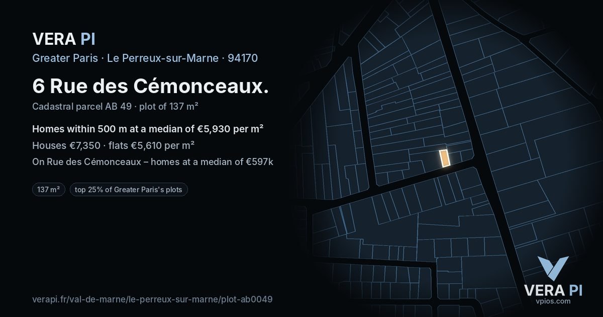 6 Rue des Cémonceaux, Le Perreux-sur-Marne at night – the plot lit, the parcels around coloured by the prices near them