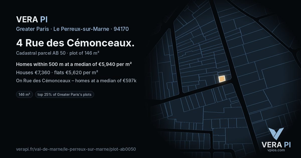 4 Rue des Cémonceaux, Le Perreux-sur-Marne at night – the plot lit, the parcels around coloured by the prices near them