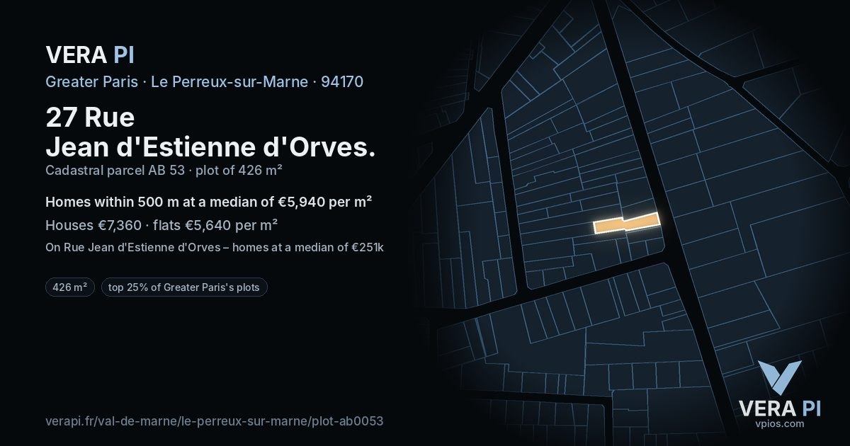 27 Rue Jean d'Estienne d'Orves, Le Perreux-sur-Marne at night – the plot lit, the parcels around coloured by the prices near them