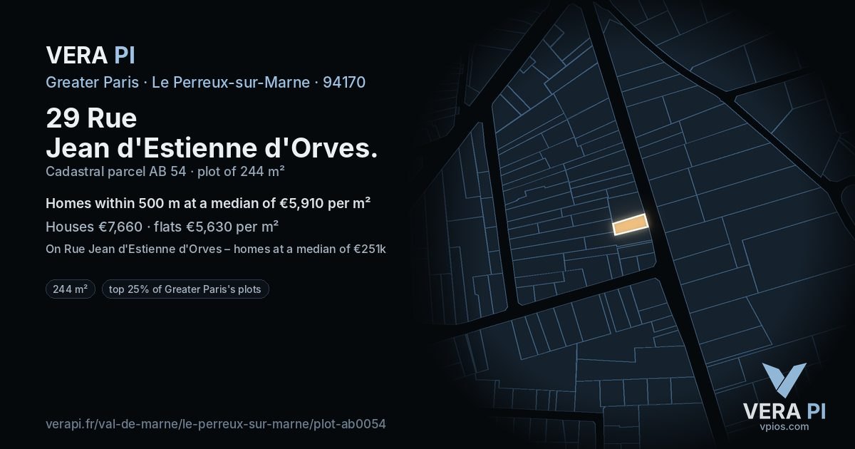 29 Rue Jean d'Estienne d'Orves, Le Perreux-sur-Marne at night – the plot lit, the parcels around coloured by the prices near them