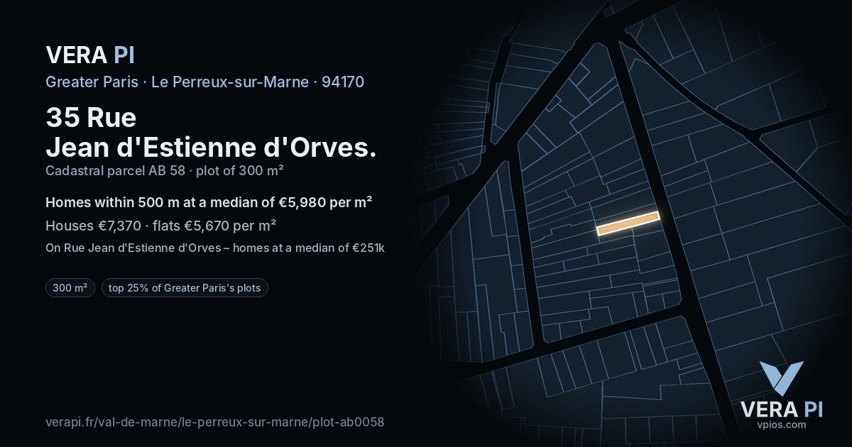 35 Rue Jean d'Estienne d'Orves, Le Perreux-sur-Marne at night – the plot lit, the parcels around coloured by the prices near them