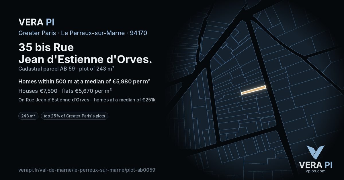 35 bis Rue Jean d'Estienne d'Orves, Le Perreux-sur-Marne at night – the plot lit, the parcels around coloured by the prices near them
