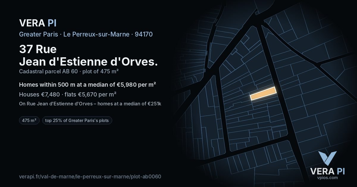 37 Rue Jean d'Estienne d'Orves, Le Perreux-sur-Marne at night – the plot lit, the parcels around coloured by the prices near them
