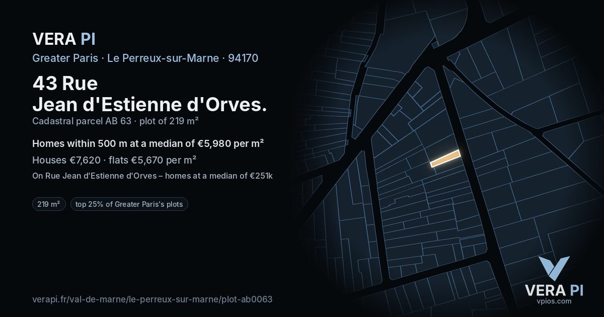 43 Rue Jean d'Estienne d'Orves, Le Perreux-sur-Marne at night – the plot lit, the parcels around coloured by the prices near them