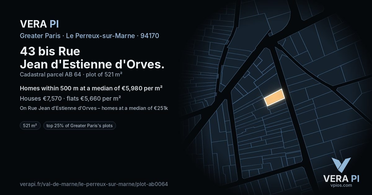 43 bis Rue Jean d'Estienne d'Orves, Le Perreux-sur-Marne at night – the plot lit, the parcels around coloured by the prices near them