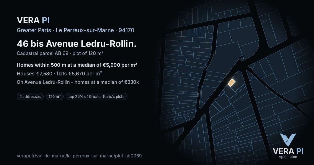 46 bis Avenue Ledru-Rollin, Le Perreux-sur-Marne at night – the plot lit, the parcels around coloured by the prices near them