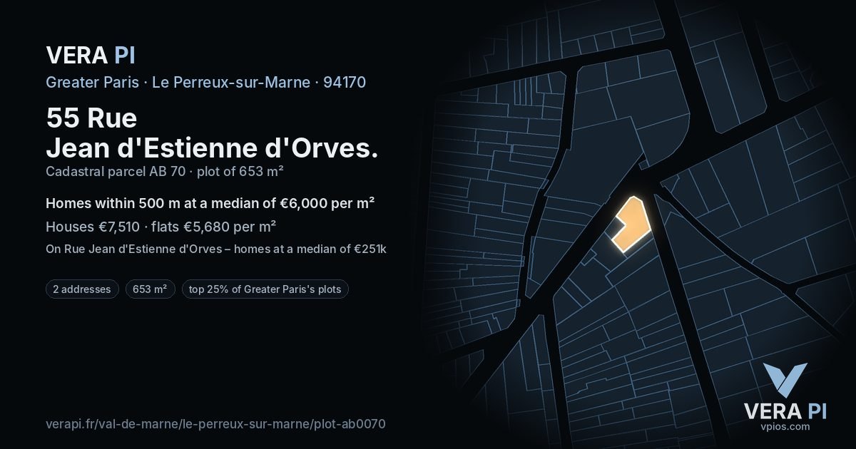 55 Rue Jean d'Estienne d'Orves, Le Perreux-sur-Marne at night – the plot lit, the parcels around coloured by the prices near them