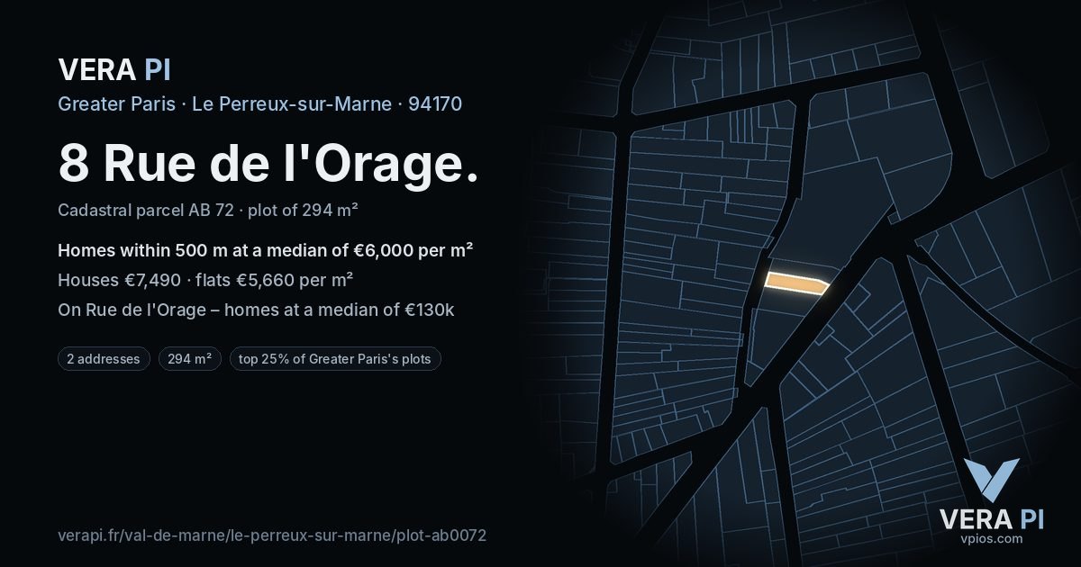8 Rue de l'Orage, Le Perreux-sur-Marne at night – the plot lit, the parcels around coloured by the prices near them