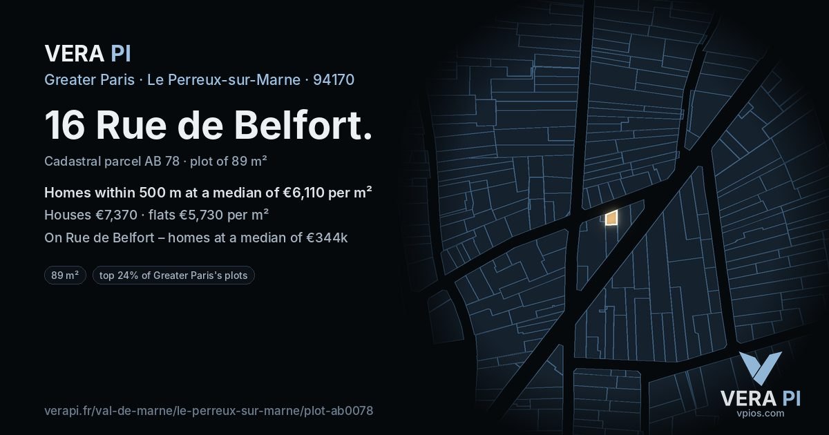 16 Rue de Belfort, Le Perreux-sur-Marne at night – the plot lit, the parcels around coloured by the prices near them