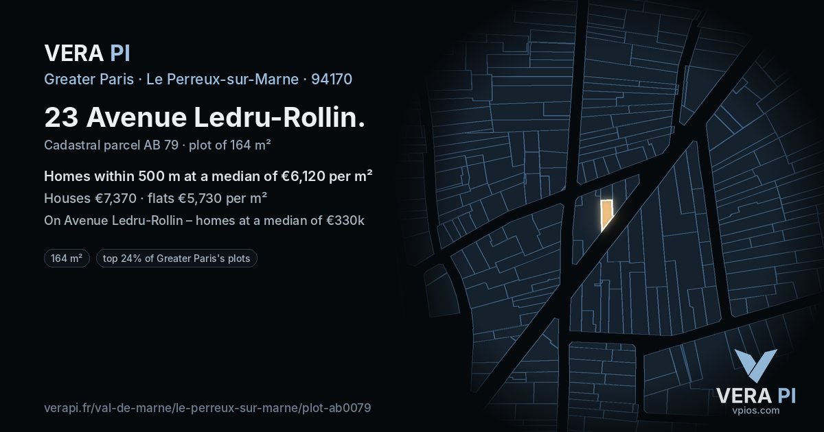 23 Avenue Ledru-Rollin, Le Perreux-sur-Marne at night – the plot lit, the parcels around coloured by the prices near them