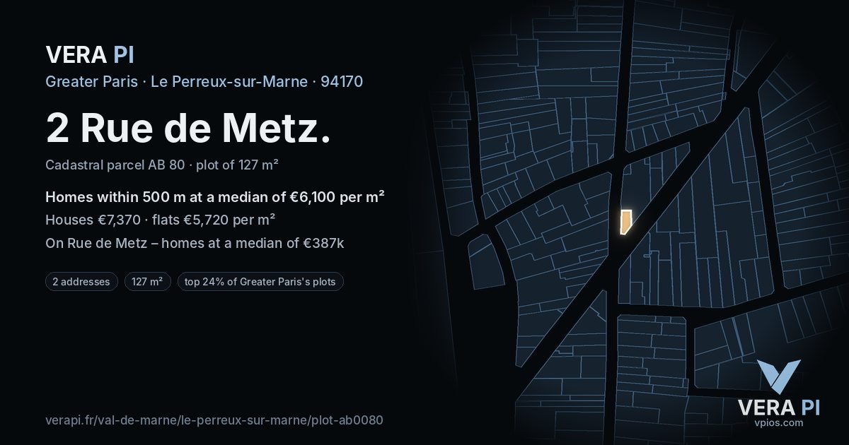 2 Rue de Metz, Le Perreux-sur-Marne at night – the plot lit, the parcels around coloured by the prices near them