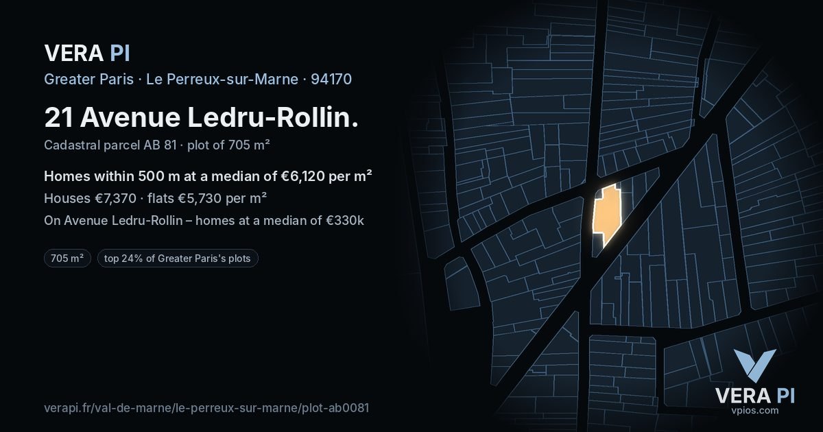 21 Avenue Ledru-Rollin, Le Perreux-sur-Marne at night – the plot lit, the parcels around coloured by the prices near them