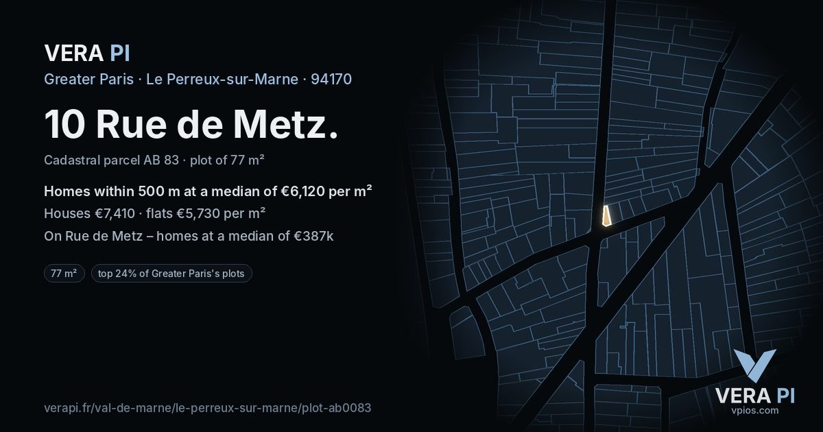 10 Rue de Metz, Le Perreux-sur-Marne at night – the plot lit, the parcels around coloured by the prices near them