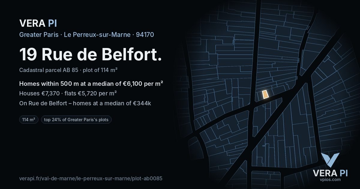 19 Rue de Belfort, Le Perreux-sur-Marne at night – the plot lit, the parcels around coloured by the prices near them