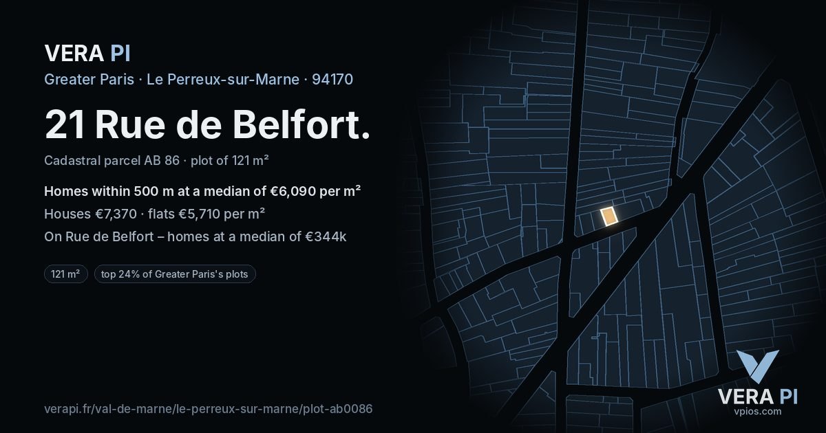 21 Rue de Belfort, Le Perreux-sur-Marne at night – the plot lit, the parcels around coloured by the prices near them