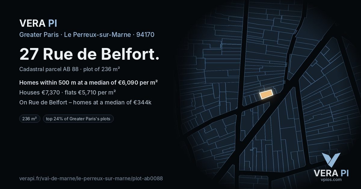 27 Rue de Belfort, Le Perreux-sur-Marne at night – the plot lit, the parcels around coloured by the prices near them