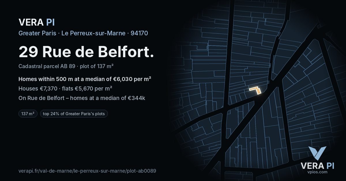29 Rue de Belfort, Le Perreux-sur-Marne at night – the plot lit, the parcels around coloured by the prices near them