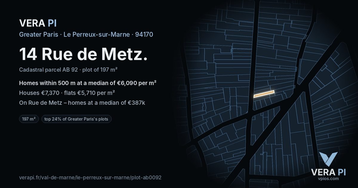 14 Rue de Metz, Le Perreux-sur-Marne at night – the plot lit, the parcels around coloured by the prices near them