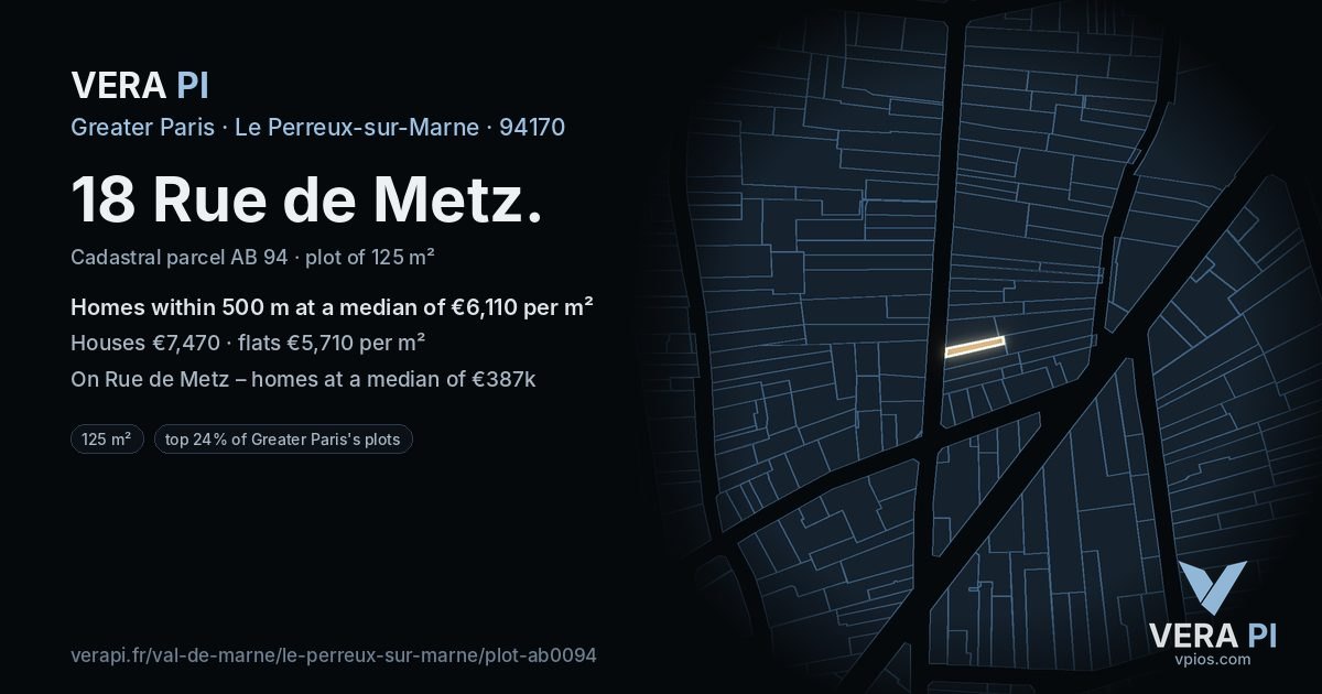18 Rue de Metz, Le Perreux-sur-Marne at night – the plot lit, the parcels around coloured by the prices near them