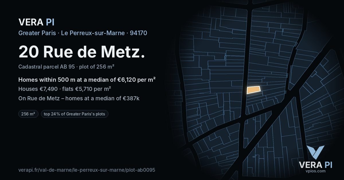 20 Rue de Metz, Le Perreux-sur-Marne at night – the plot lit, the parcels around coloured by the prices near them