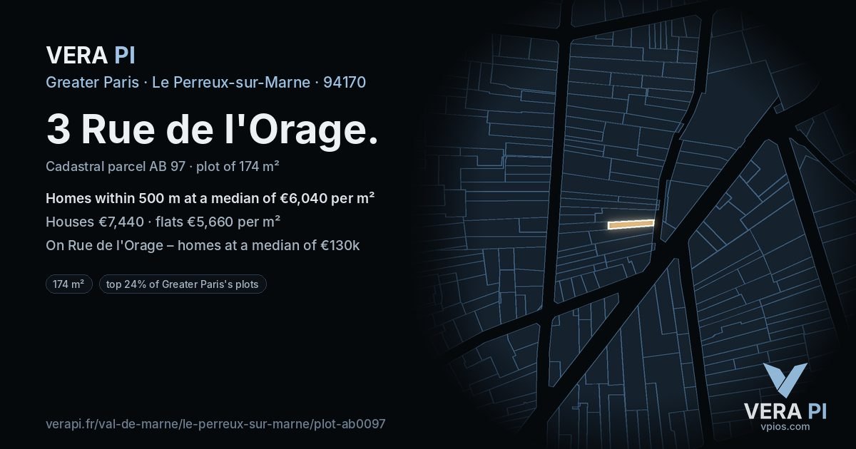 3 Rue de l'Orage, Le Perreux-sur-Marne at night – the plot lit, the parcels around coloured by the prices near them
