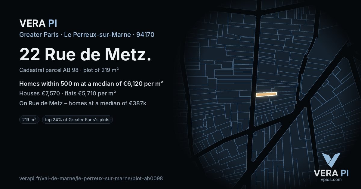 22 Rue de Metz, Le Perreux-sur-Marne at night – the plot lit, the parcels around coloured by the prices near them