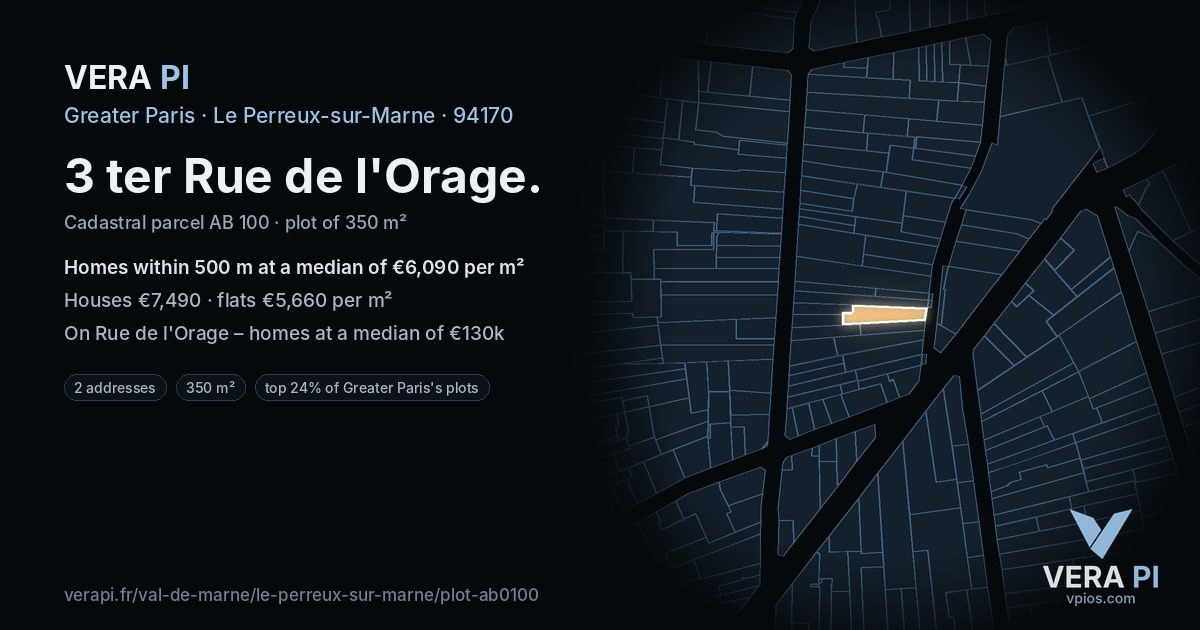 3 ter Rue de l'Orage, Le Perreux-sur-Marne at night – the plot lit, the parcels around coloured by the prices near them