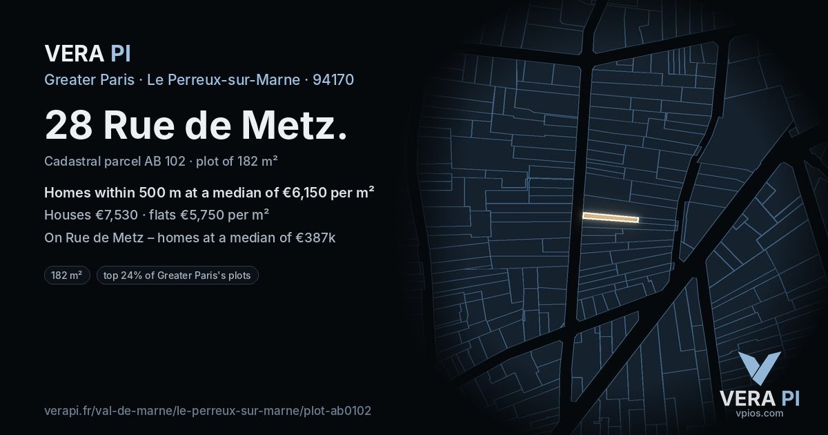 28 Rue de Metz, Le Perreux-sur-Marne at night – the plot lit, the parcels around coloured by the prices near them