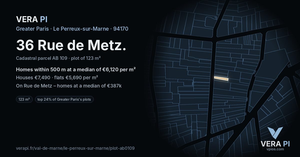 36 Rue de Metz, Le Perreux-sur-Marne at night – the plot lit, the parcels around coloured by the prices near them