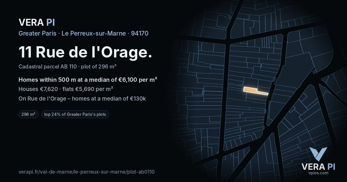 11 Rue de l'Orage, Le Perreux-sur-Marne at night – the plot lit, the parcels around coloured by the prices near them