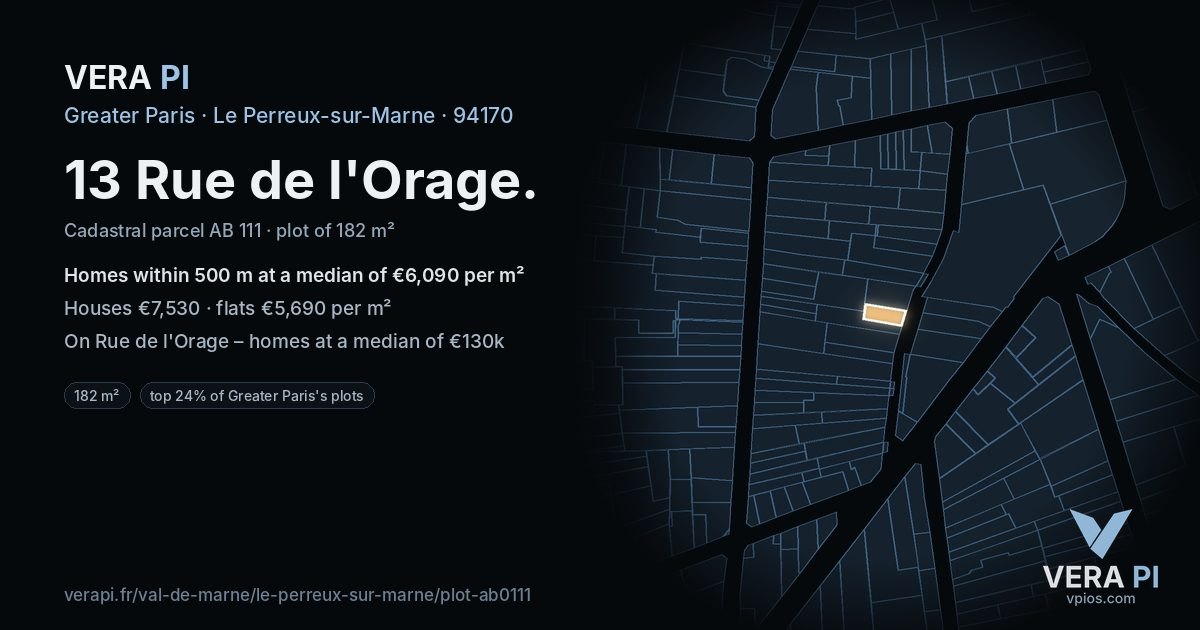 13 Rue de l'Orage, Le Perreux-sur-Marne at night – the plot lit, the parcels around coloured by the prices near them