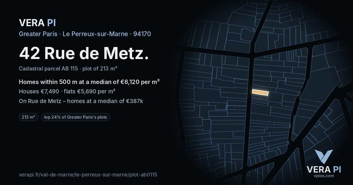 42 Rue de Metz, Le Perreux-sur-Marne at night – the plot lit, the parcels around coloured by the prices near them