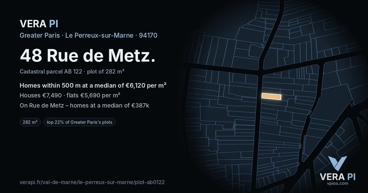 48 Rue de Metz, Le Perreux-sur-Marne at night – the plot lit, the parcels around coloured by the prices near them