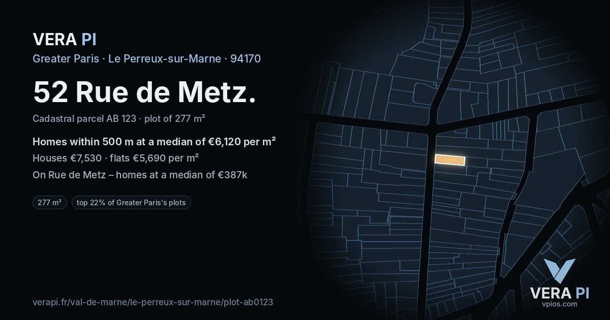 52 Rue de Metz, Le Perreux-sur-Marne at night – the plot lit, the parcels around coloured by the prices near them