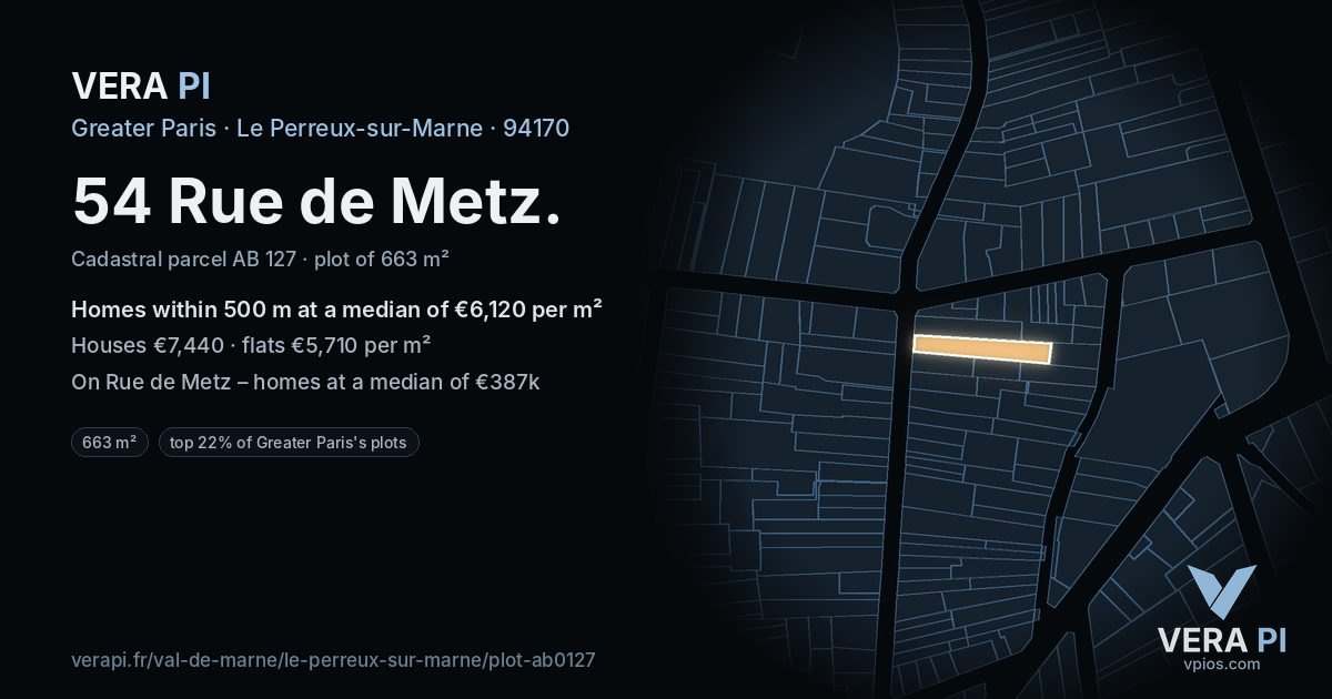 54 Rue de Metz, Le Perreux-sur-Marne at night – the plot lit, the parcels around coloured by the prices near them