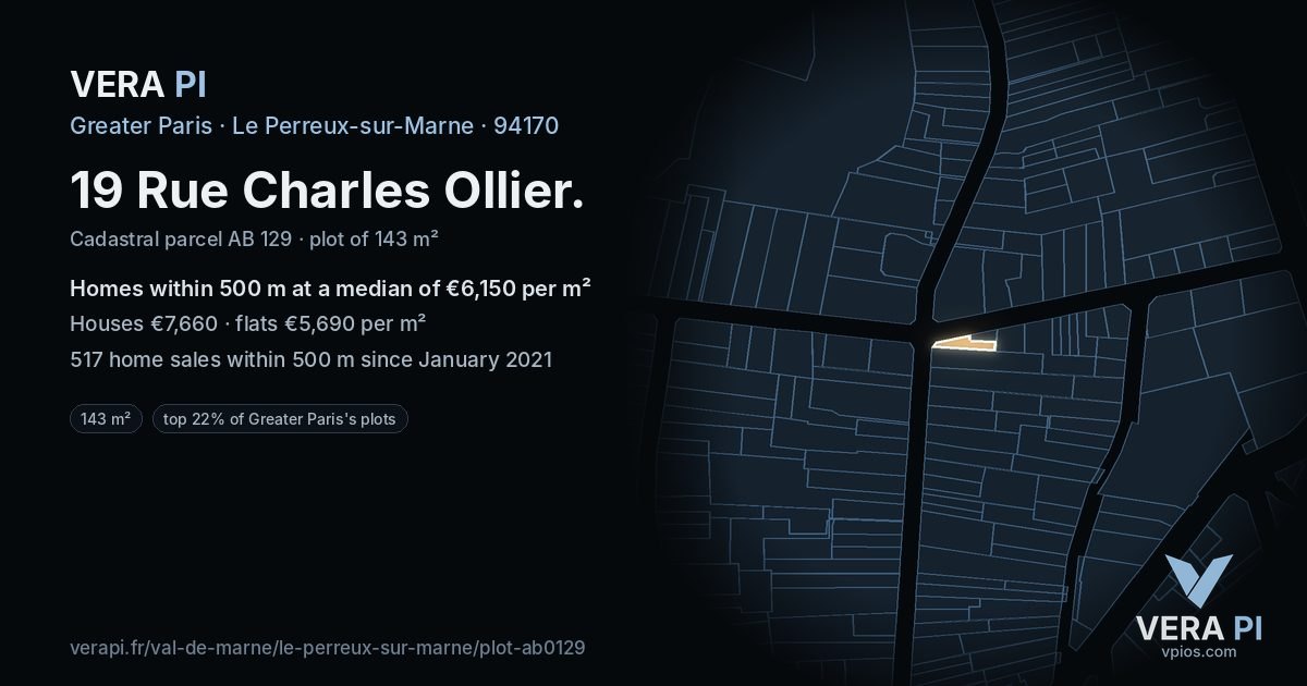 19 Rue Charles Ollier, Le Perreux-sur-Marne at night – the plot lit, the parcels around coloured by the prices near them