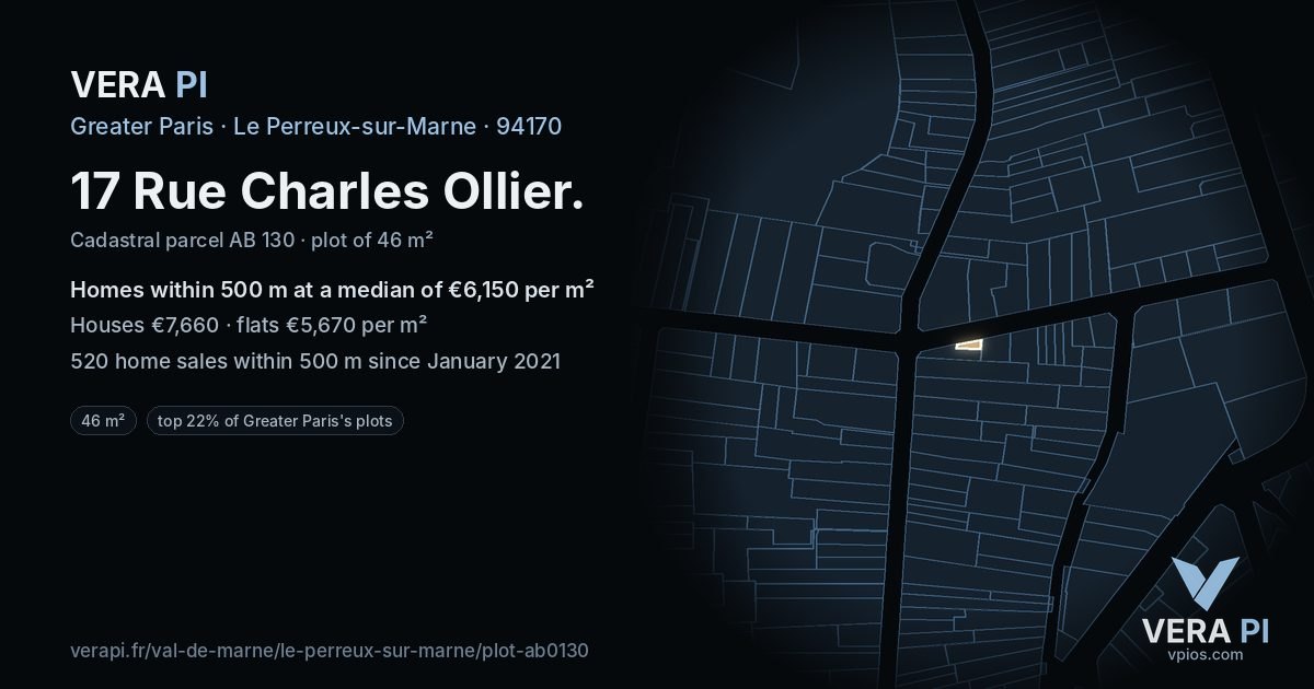 17 Rue Charles Ollier, Le Perreux-sur-Marne at night – the plot lit, the parcels around coloured by the prices near them