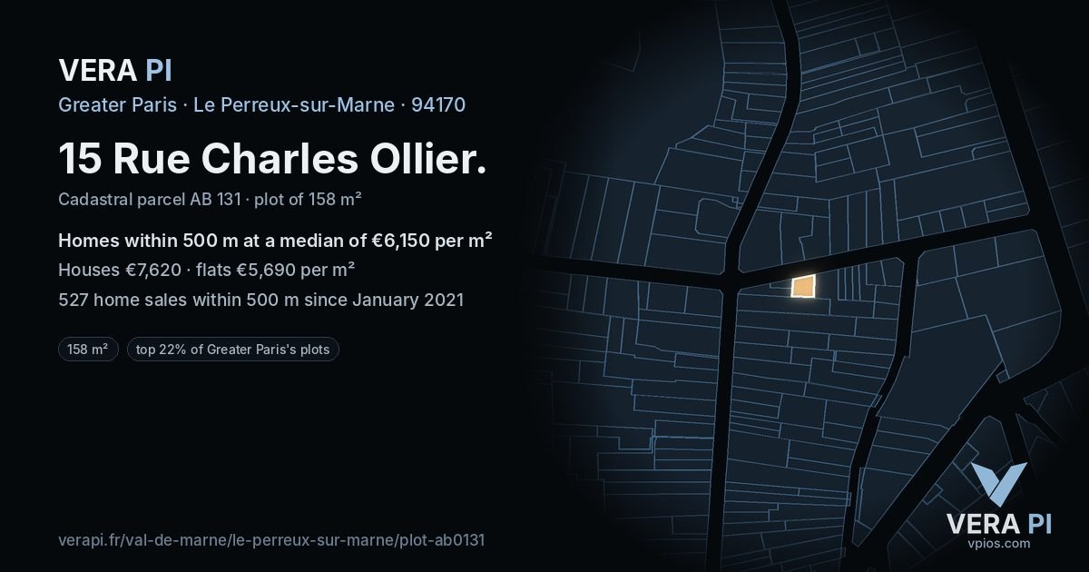 15 Rue Charles Ollier, Le Perreux-sur-Marne at night – the plot lit, the parcels around coloured by the prices near them