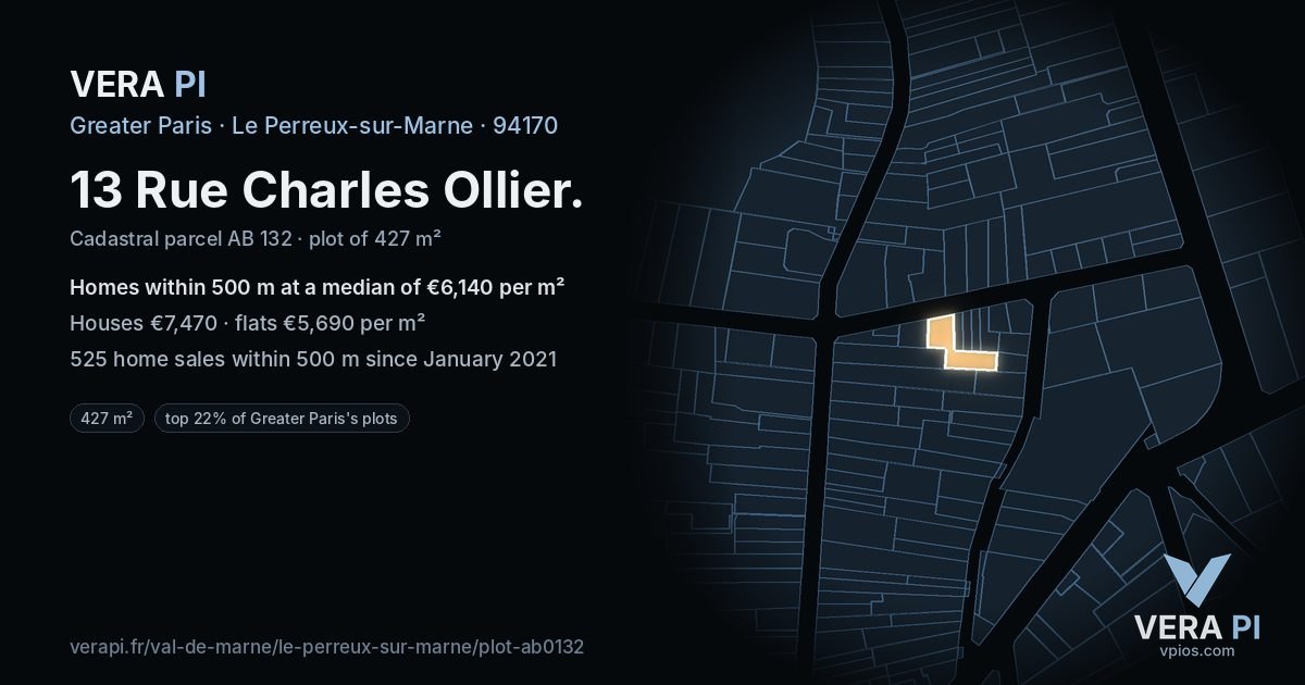 13 Rue Charles Ollier, Le Perreux-sur-Marne at night – the plot lit, the parcels around coloured by the prices near them