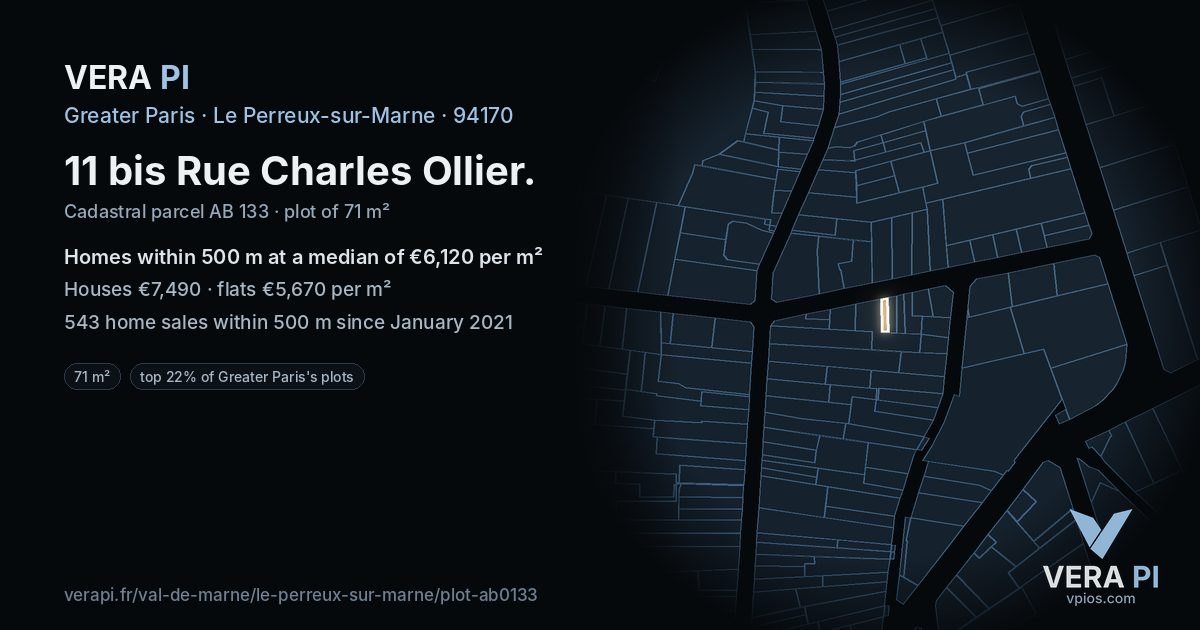 11 bis Rue Charles Ollier, Le Perreux-sur-Marne at night – the plot lit, the parcels around coloured by the prices near them