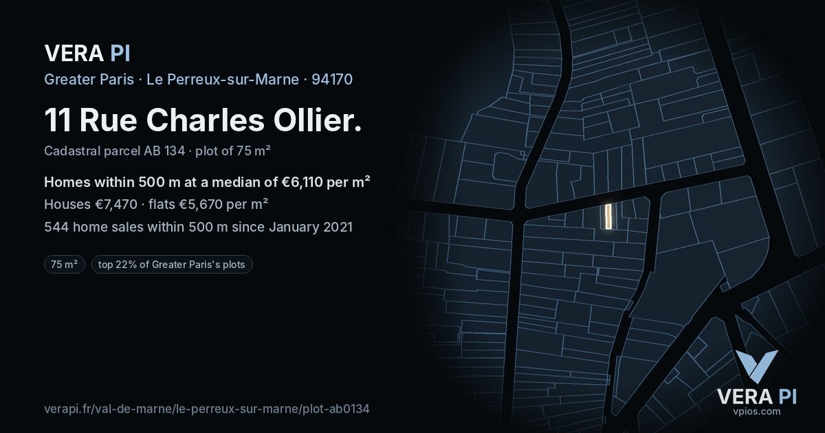 11 Rue Charles Ollier, Le Perreux-sur-Marne at night – the plot lit, the parcels around coloured by the prices near them
