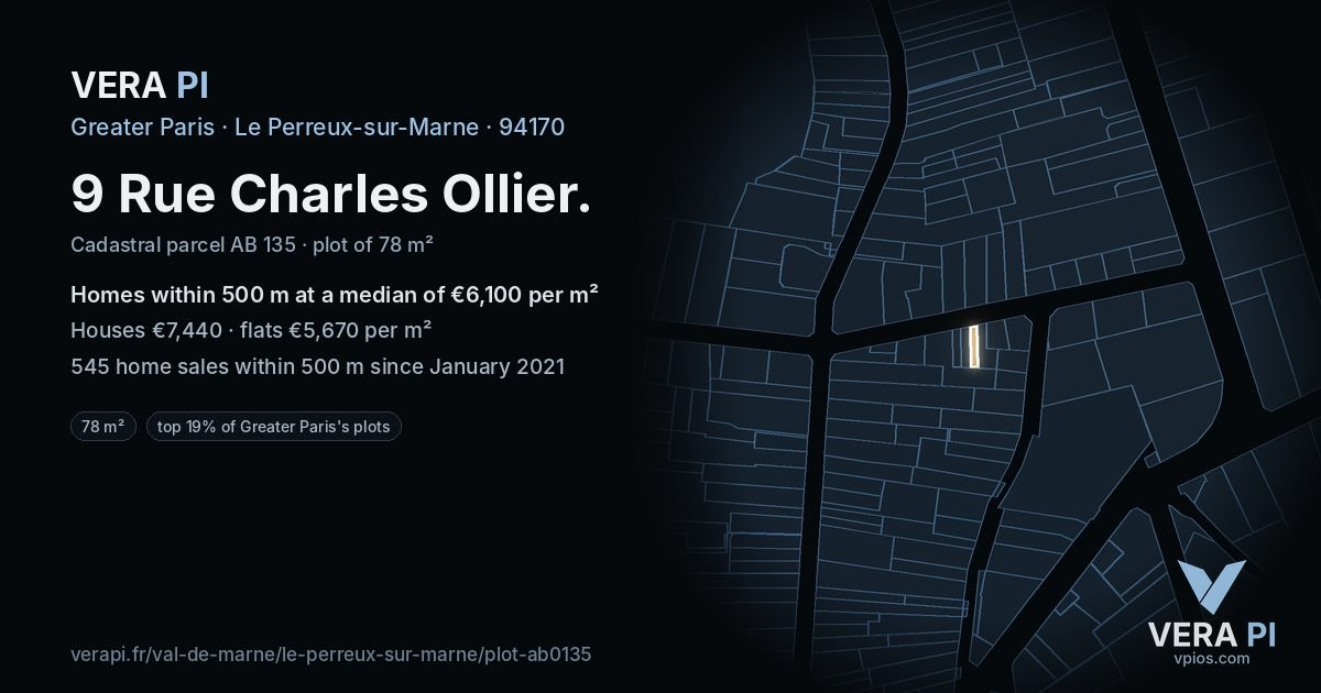 9 Rue Charles Ollier, Le Perreux-sur-Marne at night – the plot lit, the parcels around coloured by the prices near them