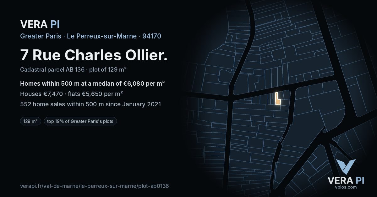 7 Rue Charles Ollier, Le Perreux-sur-Marne at night – the plot lit, the parcels around coloured by the prices near them