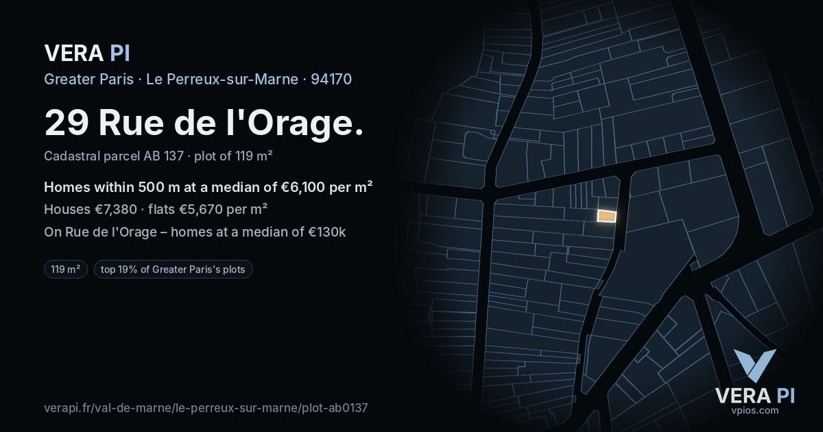 29 Rue de l'Orage, Le Perreux-sur-Marne at night – the plot lit, the parcels around coloured by the prices near them